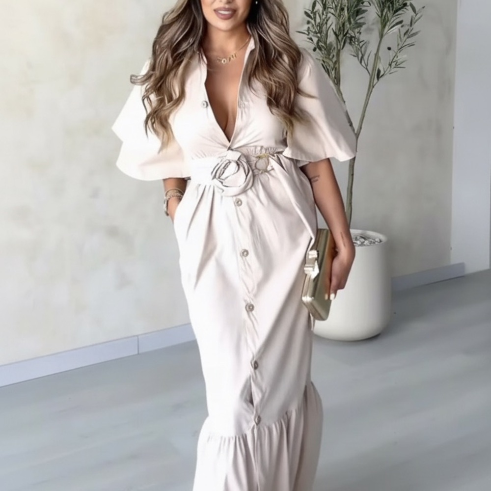 Chic Cream Maxi Dress with Ring-Tie Waist